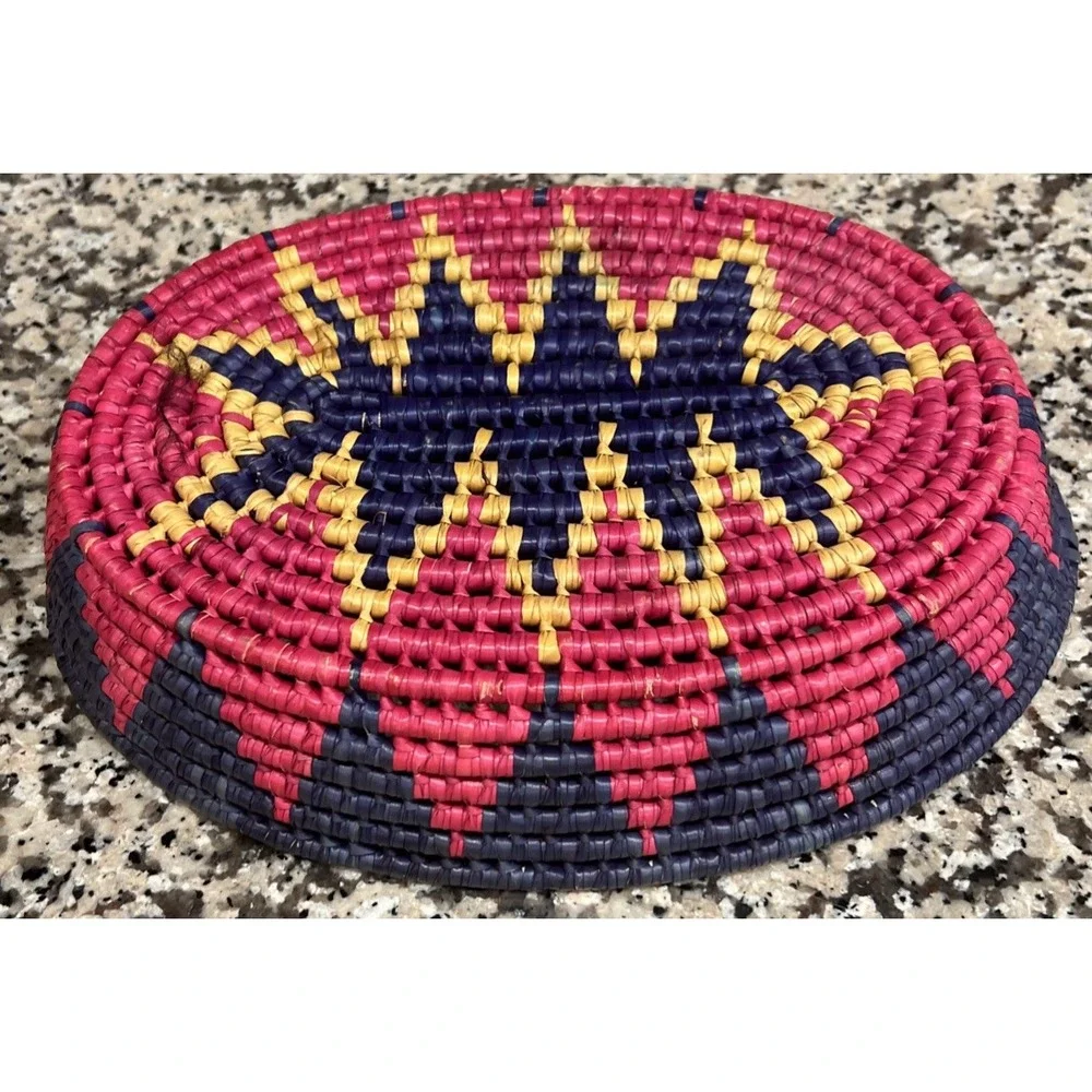 Southwestern/Mexican Jute Coil Weave Basket Colorful Pink Blue Oval 11.5